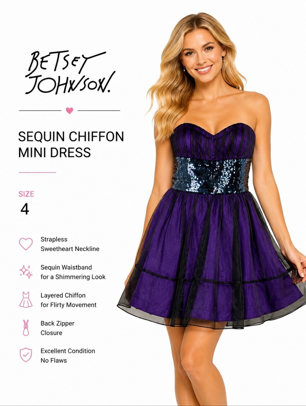 Betsey Johnson Vintage Y2K Purple & Black Sequin Chiffon Strapless Mini Dress 4